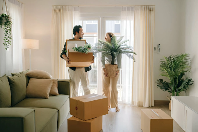 Pareja cargando cajas en su mudanza